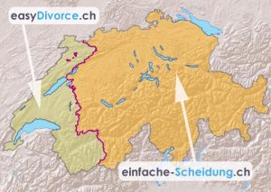 carte de la Suisse avec 2 zones, une romande et une allemande, pour délimiter l'utilisation de easyDivorce et einfache-Scheidung.ch