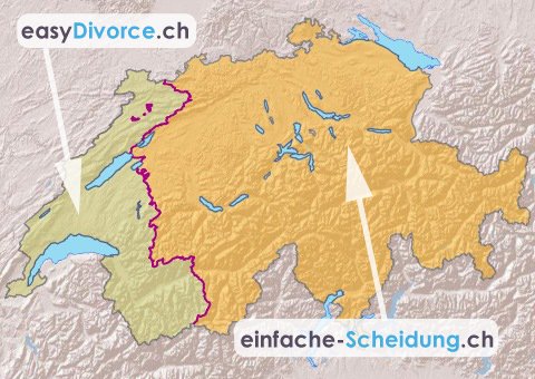 carte de la Suisse avec 2 zones, une romande et une allemande, pour délimiter l'utilisation de easyDivorce et einfache-Scheidung.ch